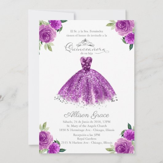 Quinceanera Einladung Bilingual Lila Blush Gown (Rückseite)