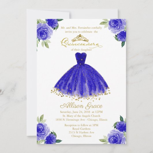 Quinceanera Einladung Bilingual Royal Blue Gown (Vorderseite)