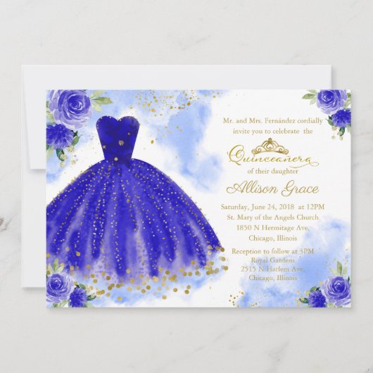Quinceanera Einladung Bilingual Royal Blue Gown (Vorderseite)