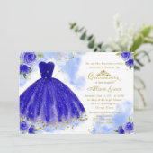 Quinceanera Einladung Bilingual Royal Blue Gown (Stehend Vorderseite)