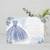 Quinceanera Einladung Blumenblauer Gown Silver (Stehend vorne)