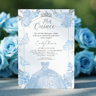 Quinceanera Einladung Dusty Blue Dress Butterfly