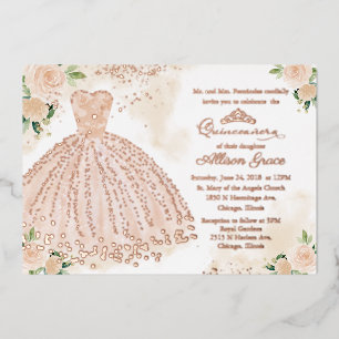Quinceanera-Einladung Floral Blush Kleid Roségold Folieneinladung