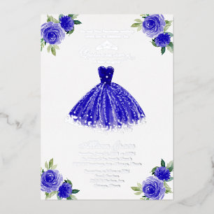 Quinceanera-Einladung Floral Königlich Blaues Klei Folieneinladung