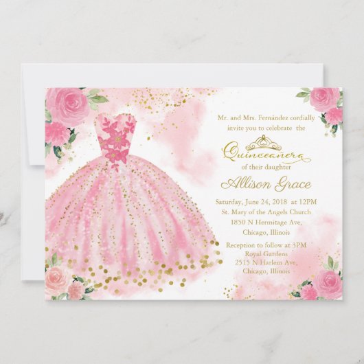 Quinceanera Einladung Gold Foil Hot Pink Gown (Vorderseite)