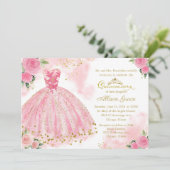 Quinceanera Einladung Gold Foil Hot Pink Gown (Stehend Vorderseite)