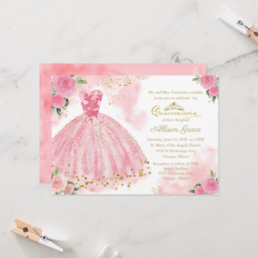 Quinceanera Einladung Gold Foil Hot Pink Gown (Vorderseite/Rückseite Beispiel)