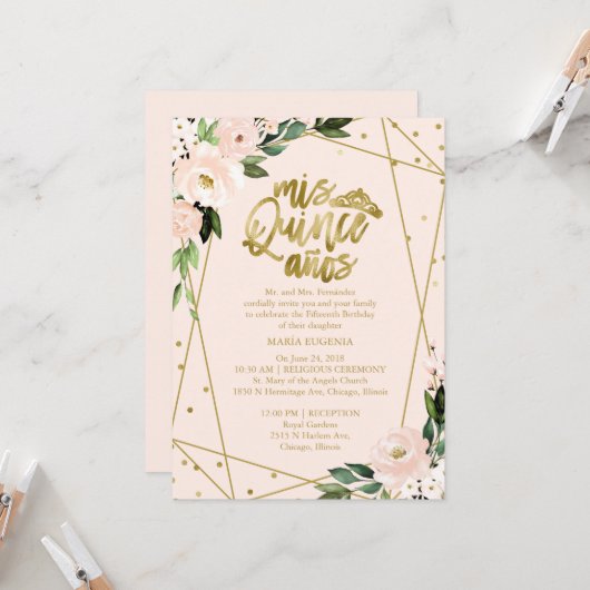 Quinceanera Einladung Gold Foil Rosa Rosa Blüte Bl (Vorderseite/Rückseite Beispiel)