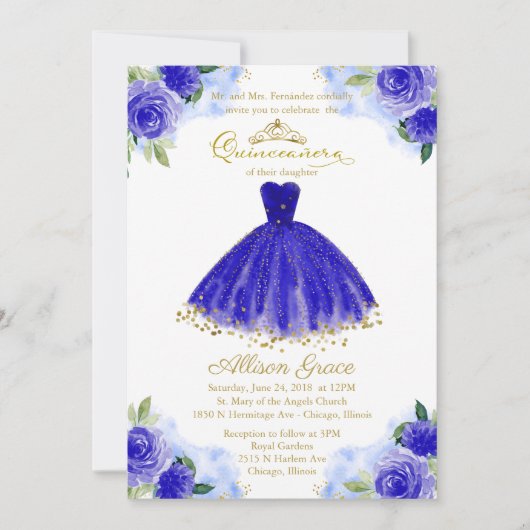 Quinceanera Einladung Gold Foil Royal Blue Dress (Vorderseite)