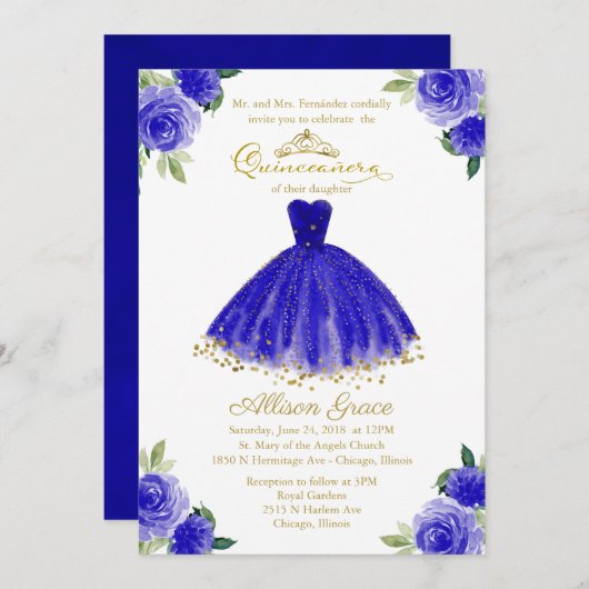Quinceanera Einladung Gold Foil Royal Blue Gown (Vorne/Hinten)