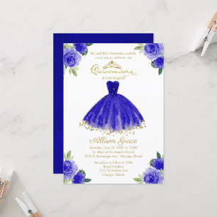Quinceanera Einladung Gold Foil Royal Blue Gown