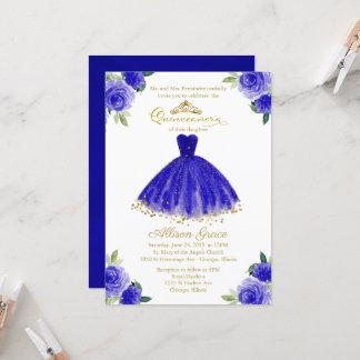 Quinceanera Einladung Gold Foil Royal Blue Gown
