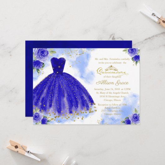 Quinceanera Einladung Gold Foil Royal Blue Gown (Vorderseite/Rückseite Beispiel)
