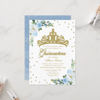 Quinceanera Einladung Gold Tiara Baby Blue Floral