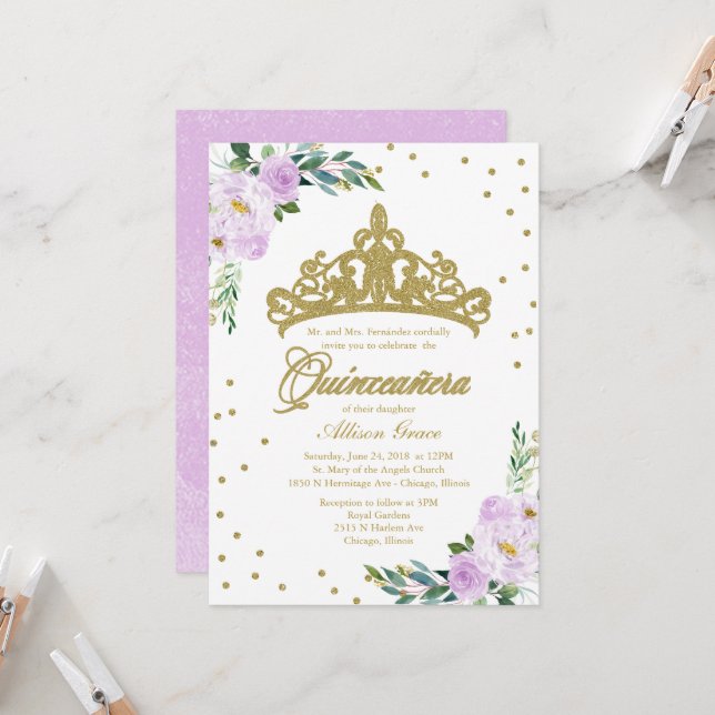 Quinceanera Einladung Gold Tiara Lilac Blume (Vorderseite/Rückseite Beispiel)