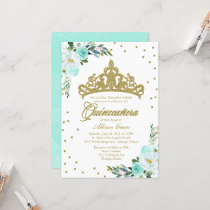 Quinceanera Einladung Gold Tiara und Aquamarine Bl