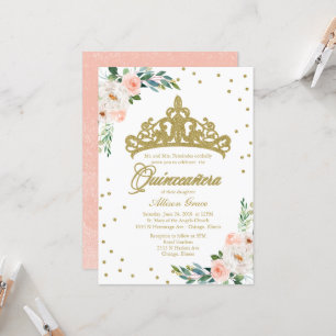 Quinceanera-Einladung Goldene Tiara und rosa Blume
