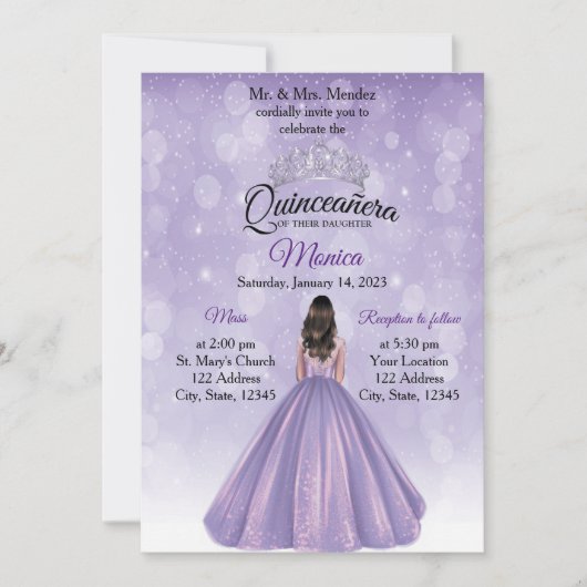 Quinceañera Einladung Lila und silber (Vorderseite)