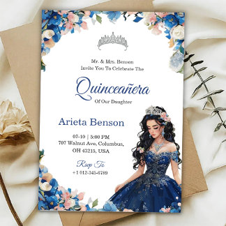 Quinceañera-Einladung mit blauen floralen Akzenten Einladung