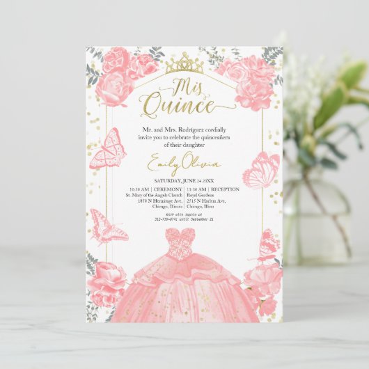 Quinceanera Einladung Rosa Kleid Floral Gold Foil (Stehend Vorderseite)