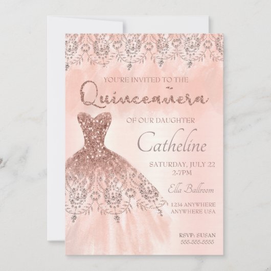 Quinceanera Einladung Rose Gold, 15. Geburtstag (Vorderseite)