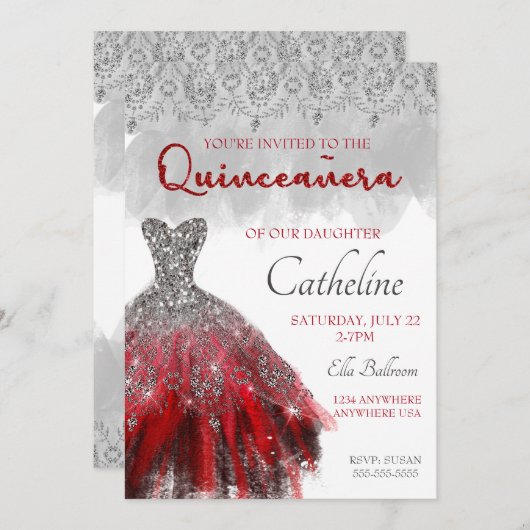 Quinceanera Einladung Rot Silber 15. Geburtstag (Vorne/Hinten)