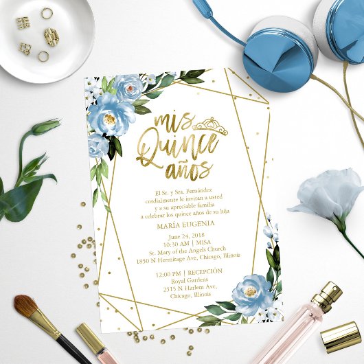 Quinceanera Einladung Spanisch Blue Gold Foil
