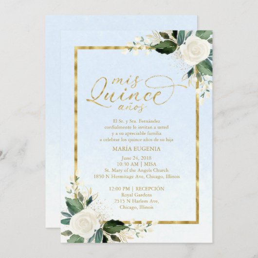 Quinceanera Einladung Spanisch Blue Gold Foil (Vorne/Hinten)