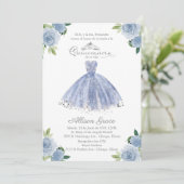 Quinceanera Einladung Spanisch Blue Gown Floral (Stehend Vorderseite)