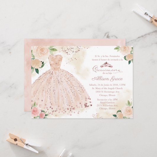 Quinceanera Einladung Spanisch Blush Rose Gold (Vorderseite/Rückseite Beispiel)