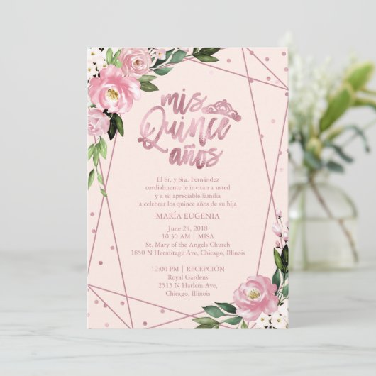 Quinceanera Einladung Spanisch Blush Rose Gold (Stehend Vorderseite)