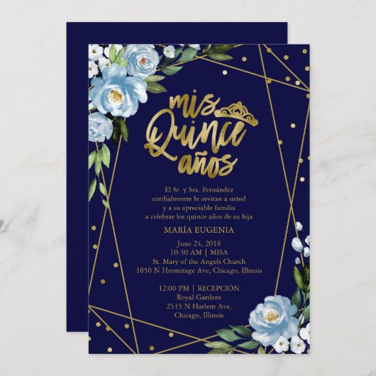 Quinceanera Einladung Spanisch Dunkelblauer Goldfo (Vorne/Hinten)