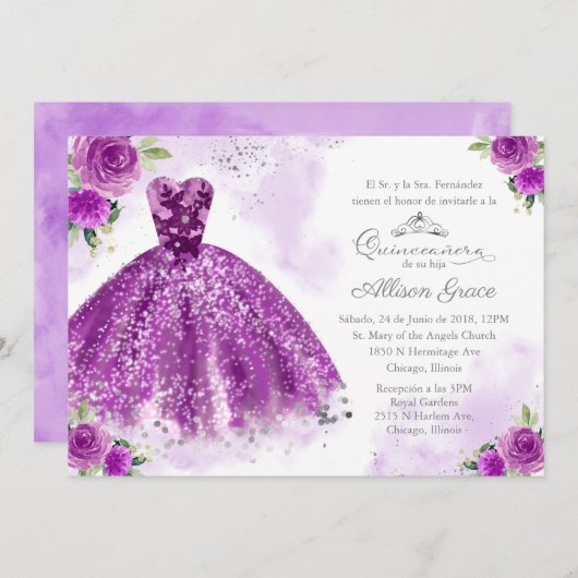 Quinceanera Einladung Spanisch Silver Lila Gown (Vorne/Hinten)