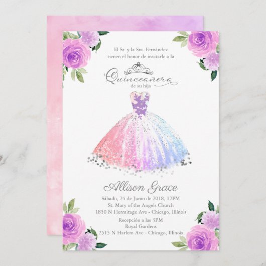 Quinceanera Einladung Spanische Pastellfarben Gown (Vorne/Hinten)
