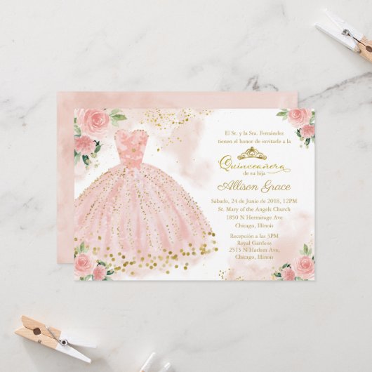 Quinceanera Einladung Spanischer Blush Gold Foil (Vorderseite/Rückseite Beispiel)