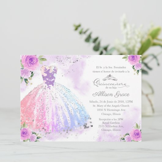 Quinceanera Einladung Spanisches Pastellfarbengel (Stehend Vorderseite)