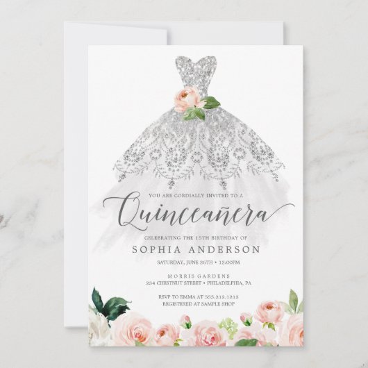 Quinceañera Elegant Blumenkleid 15. Geburtstag Einladung (Vorderseite)