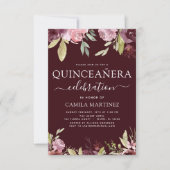 Quinceanera Elegant Burgundy Blush Pink Floral Einladung (Vorderseite)