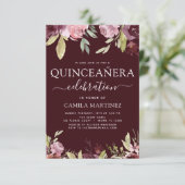 Quinceanera Elegant Burgundy Blush Pink Floral Einladung (Stehend Vorderseite)
