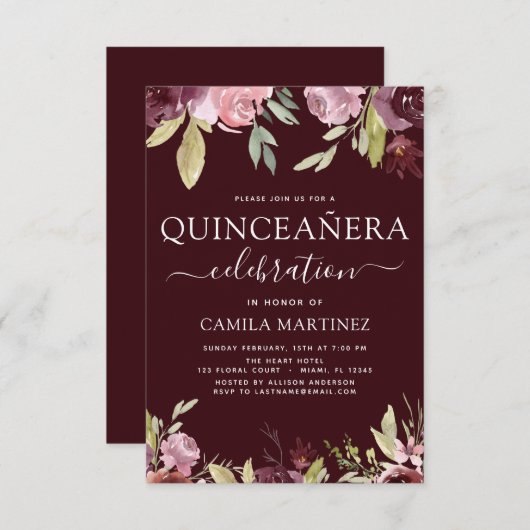 Quinceanera Elegant Burgundy Blush Pink Floral Einladung (Vorne/Hinten)