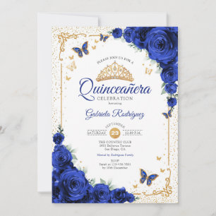 Quinceanera Elegant Chic Königlich Blaue Rosen Gol Einladung