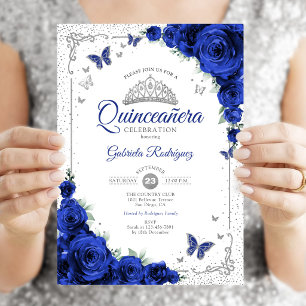 Quinceanera Elegant Chic Königlich Blaue Rosen Sil Einladung