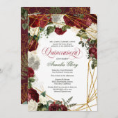 Quinceanera elegant grün weiß bordeauxrot floral einladung (Vorne/Hinten)