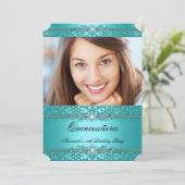 Quinceanera Elegante Aquamarin Blue Diamond Foto Einladung (Stehend Vorderseite)