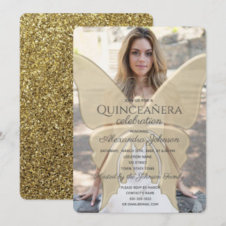 Quinceanera Elegante Butterfly Gold Glitzer Foto Einladung