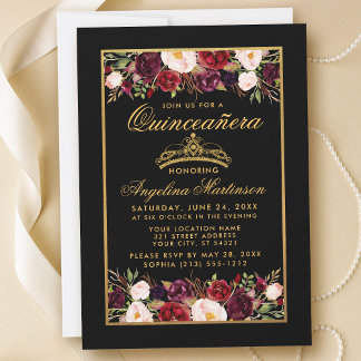 Quinceanera Elegante Floral Gold Rahmen Crown Blac Einladung
