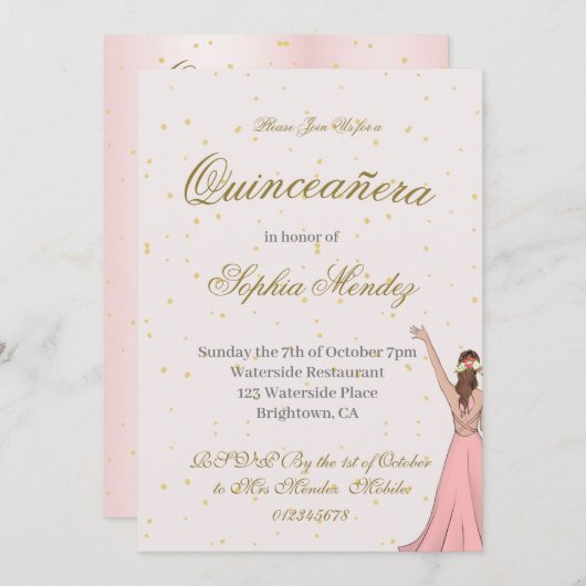 Quinceanera Elegante Rosa Gold Einladung (Vorne/Hinten)