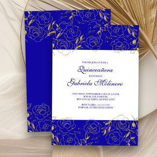 Quinceanera Elegante Royal Blue and Gold Floral Einladung