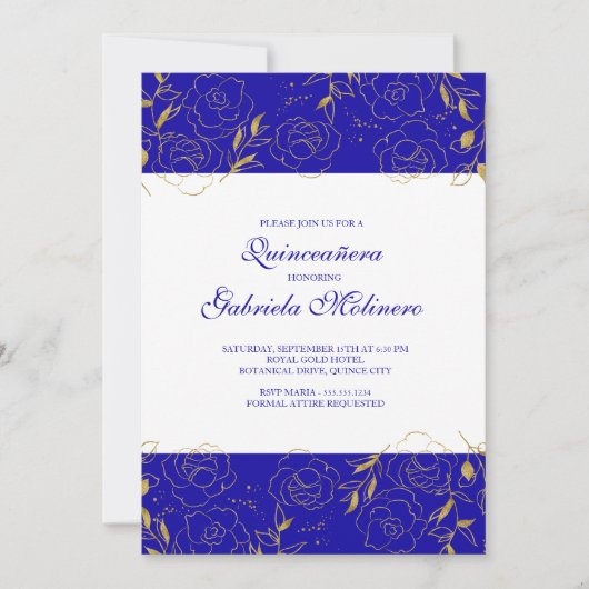 Quinceanera Elegante Royal Blue and Gold Floral Einladung (Vorderseite)