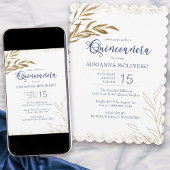 Quinceanera Elegante Royal Blue und Gold Leaf Einladung